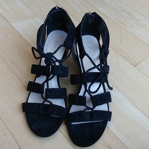 Nine west lace up wedge sandal black suede